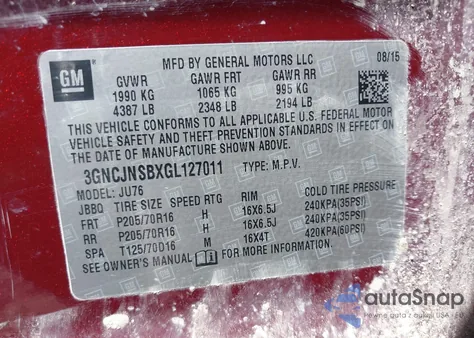 2016 Chevrolet Trax 1Ls z USA, uszkodzony, nr VIN 3GNCJNSBXGL127011